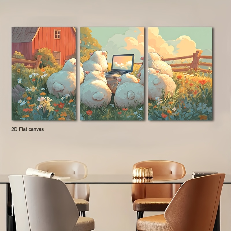 Canvas Wrap Ready - Frameless Canvas 3pcs Framed Farm Sheep